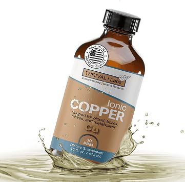 Ionic Copper Drops 30 PPM Premium Bioavailable Liquid Copper Supplement for General Wellness & Trace Mineral Support Amber Glass Bottle with Dropper 16 fl oz