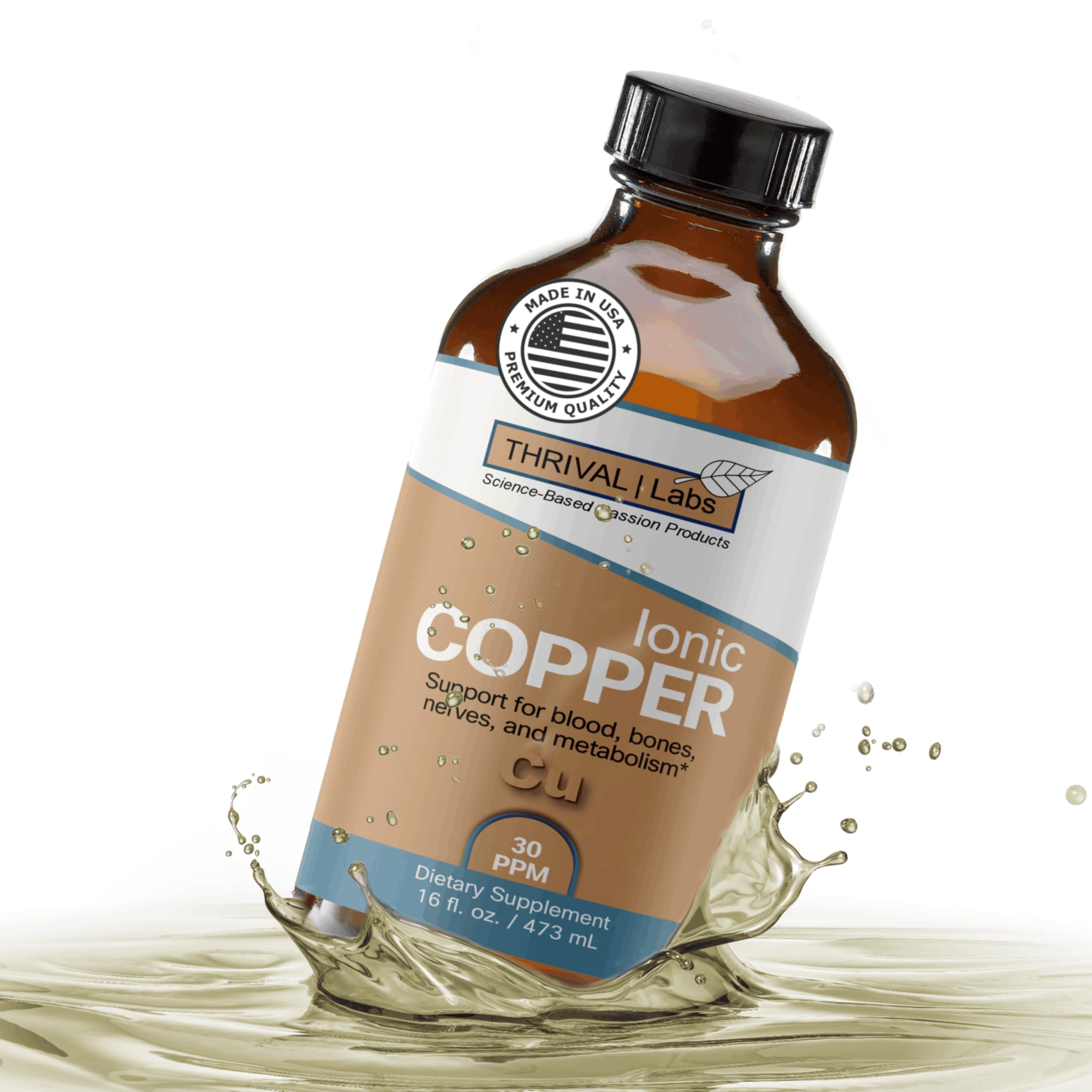 Ionic Copper Drops 30 PPM (16oz) – Premium Bioavailable Liquid Copper Supplement for General Wellness &amp; Trace Mineral Support – Amber Glass Bottle