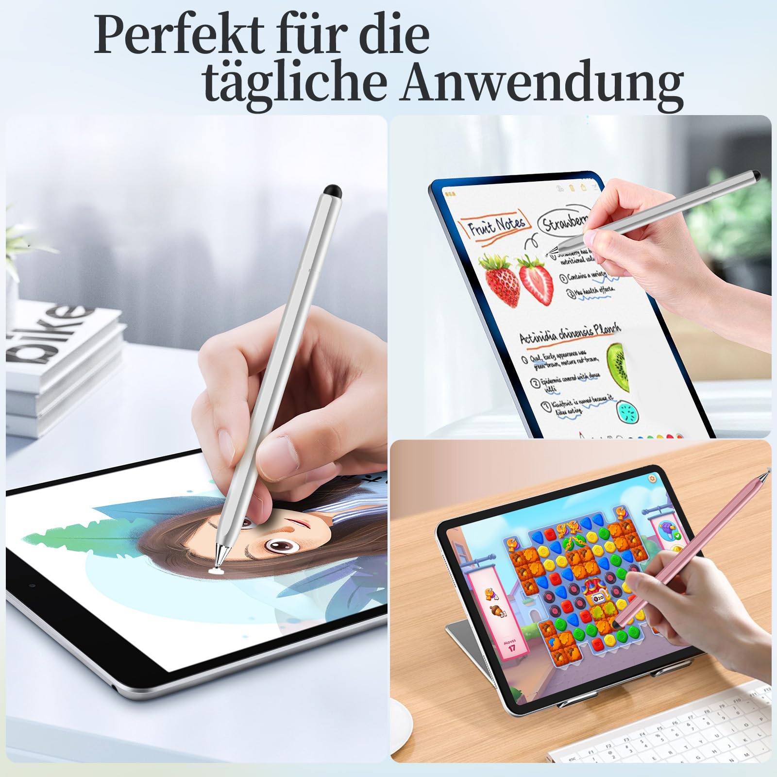 DIGIROOT - Penna per tablet girevole 2 in 1, ad alta sensibilità, compatibile con iOS/Android/Surface, argento/oro rosa