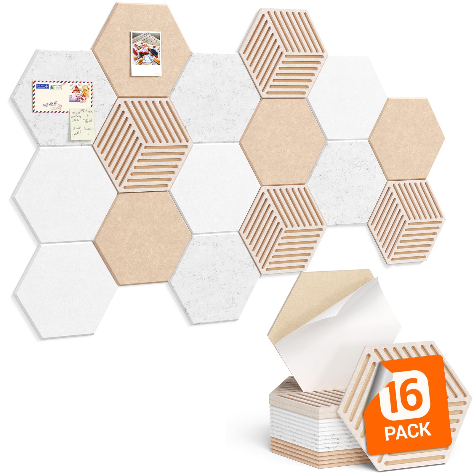 Lifewit 16-Pack Hexagon Bulletin Board, Cork Board Alternative for Walls, 30x26x0.9cm, Felt Panels with 70 Pins, 4 Colors Set, Full Self-Adhesive, for Home, Studio, Office, Dorm, Stone Beige