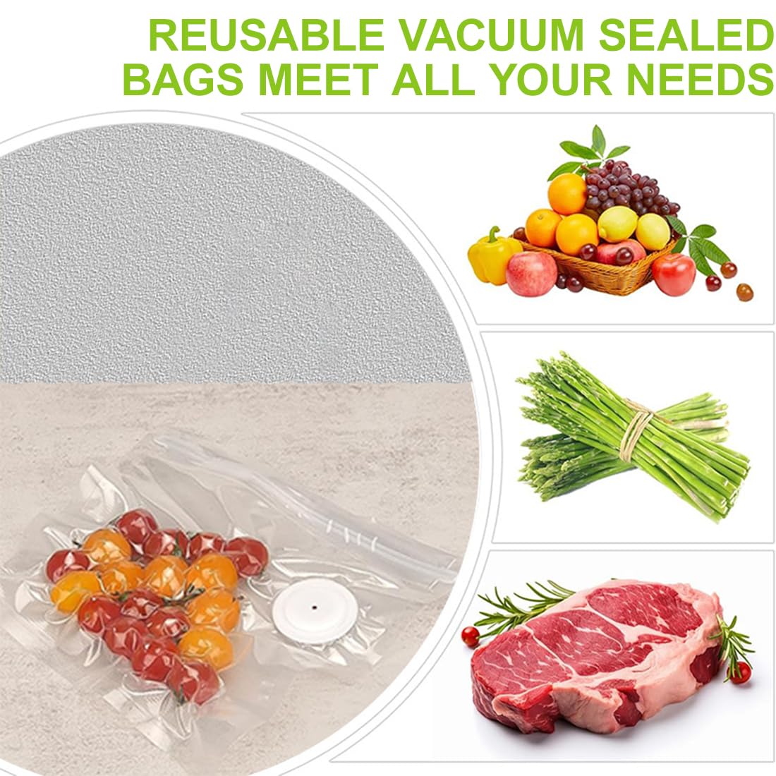 Sacchetti per Sottovuoto Alimenti, 10 Pezzi Riutilizzabili con Valvola per Conservazione Ermetica, Ideali per Carne Pesce Frutta e Verdura, Mantengono Freschezza e Sapore a Lungo