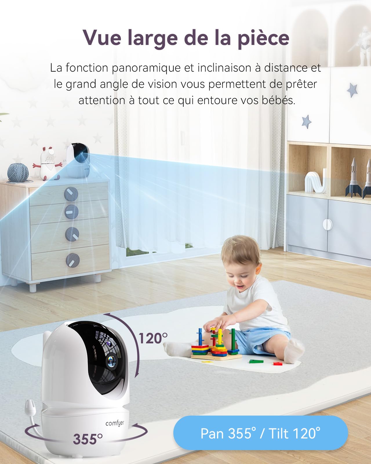Comfyer BM01 Babyphone Caméra Complémentaire - Extension de Vue pour Bébé, 1080P, PTZ 355° x 120°, Appairage Automatique, Capteur de Température, Vision Nocturne, 2.4 GHz, Berceuses