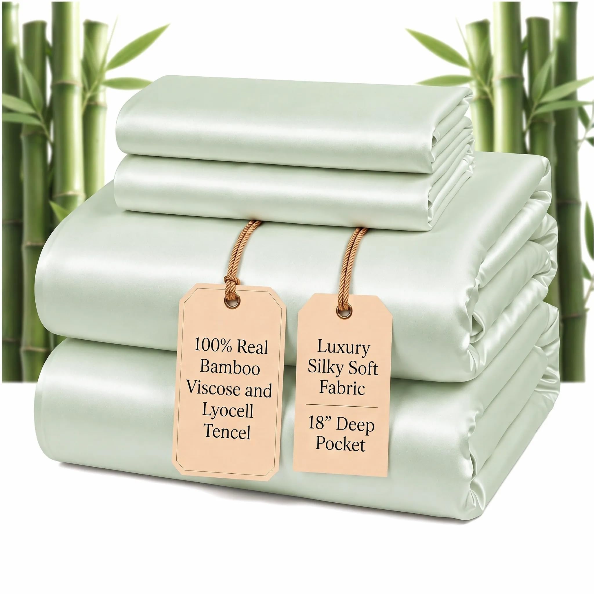 100% Real Bamboo Viscose & Lyocell Tencel Sheets Set Queen Size | Breathable & Cooling for Hot Sleeper | Luxury Silky Soft Fabric | 18" Deep Pocket with Corner Strap (Mineral, Queen)