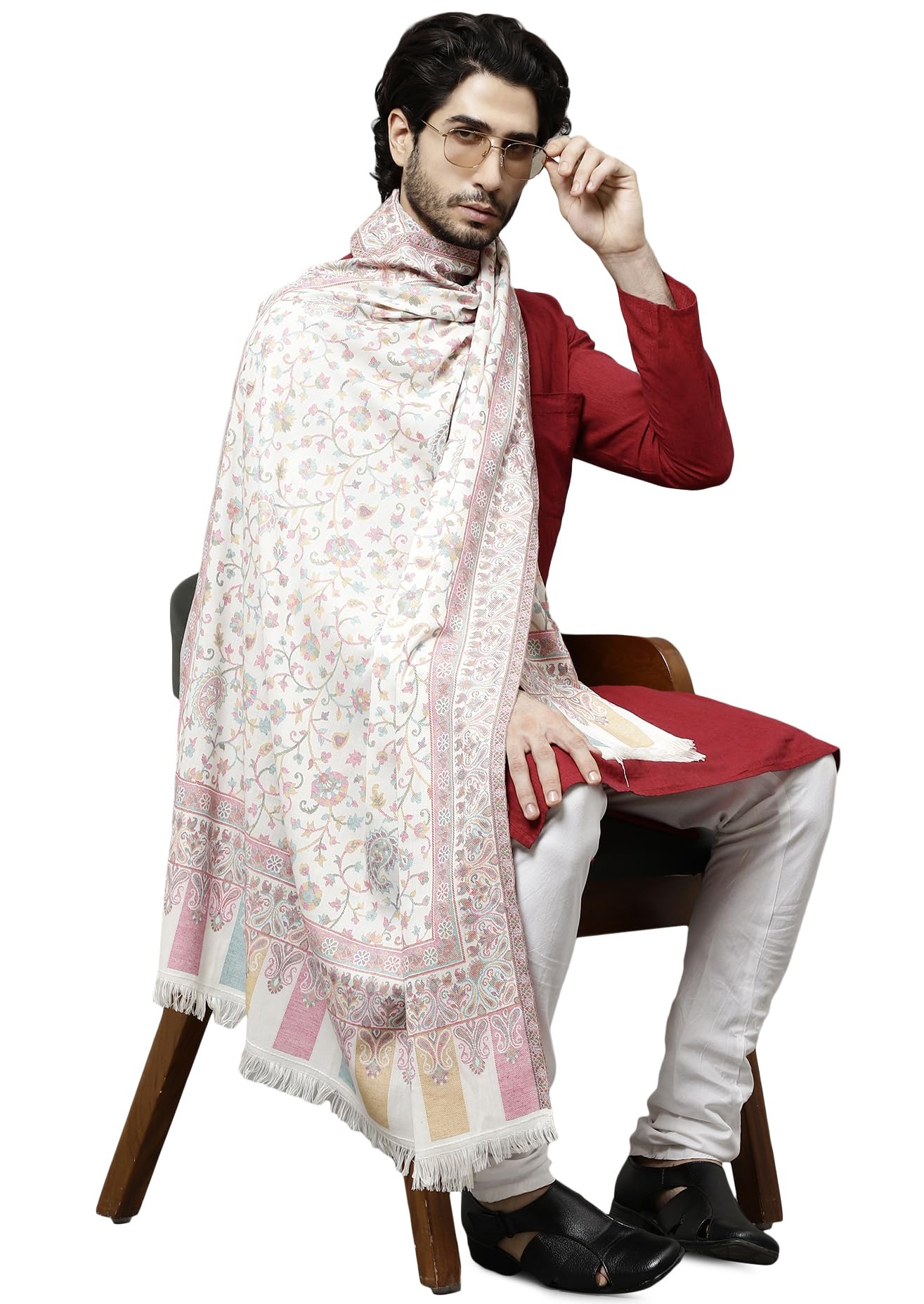 Weavers Villa Men's Acro Wool Blend Kani Woven Design Wraps, Stoles, Unisex Shawls, 100Cm X 200Cm (White)