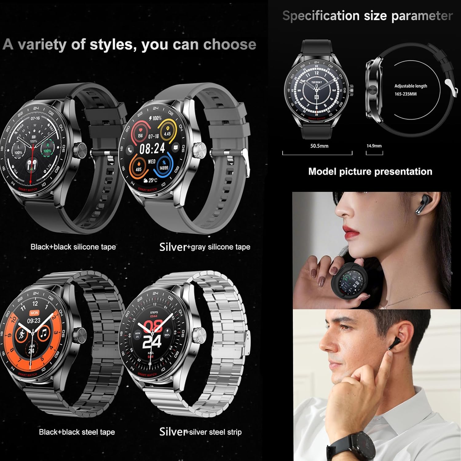 Image showing the dimensions of the D9 Smart Watch and different color variants.
