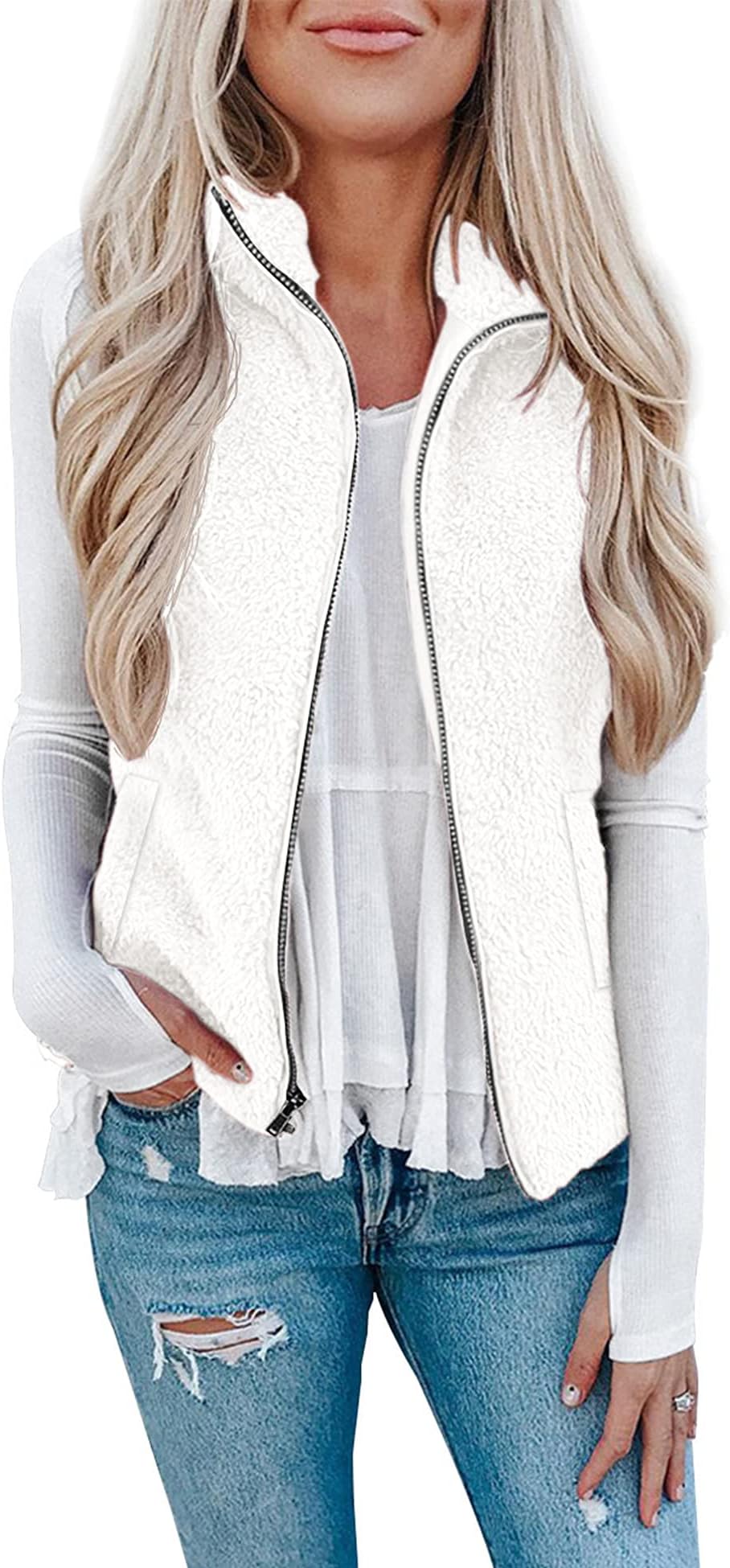 Womens Fuzzy Sherpa Fleece Jacket Lightweight Vest Cozy Sleeveless Cardigan Zipper Waistcoat Outerwear with Pocket