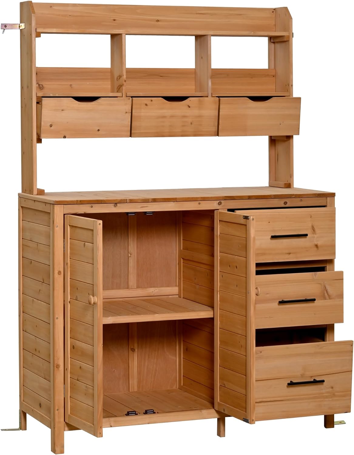 65'' H Farmhouse Outdoor Potting Bench Table, Wood Garden Workstation with Storage Drawers, Cabinets, and Side Hooks, Freestanding Garden Work Table for Outside, Patio, Backyards,Natural