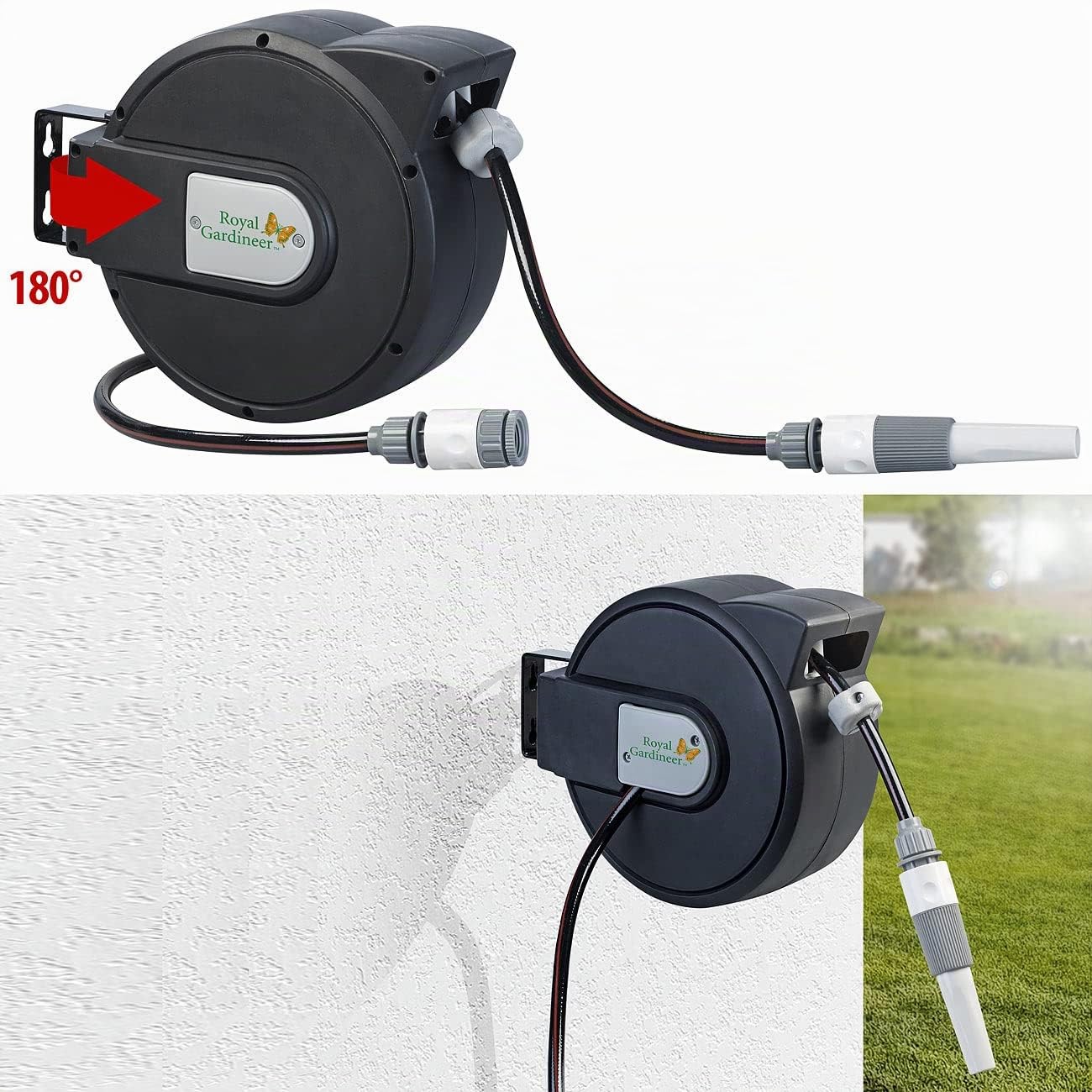 Royal Gardineer Schlauchtrommel: Gartenschlauch mit Wand-Box zum automatischen Aufrollen, 9 m (Schlauchbox, Gartenschlauchbox, Automat)