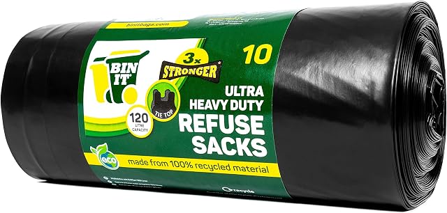 BIN IT 10 Tie Top, Ultra Heavy Duty, 120 Litre XL Refuse Sacks, Bin Bags, Bin Liners, 80kg Lift Tested, Super Strong, 60 μm, Perfect for Household, Office, Garden, Commercial, DIY, Caterers, Builders