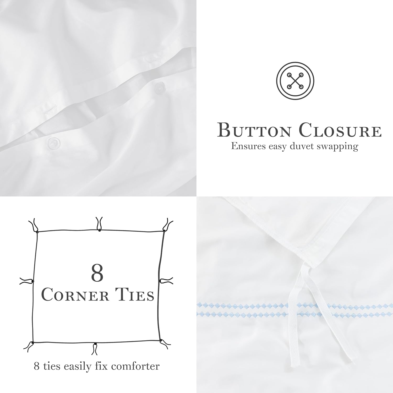 Dreamology White Duvet Cover Luxury Hotel-Quality 100% Cotton Sateen T300 Embroidered Duvet Cover with 2 Pillow Shams Hypoallergenic Button Closure 3 Pieces Duvet Covers Set, Comforter Not Included