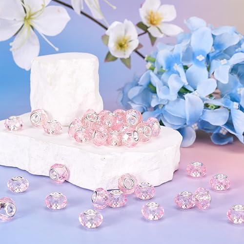 Miniatura 9 de 100 cuentas de agujero grande de 0.555 pulgadas (0.551 in), cuentas de cristal facetadas de cristal europeo rosa, cuentas espaciadoras para