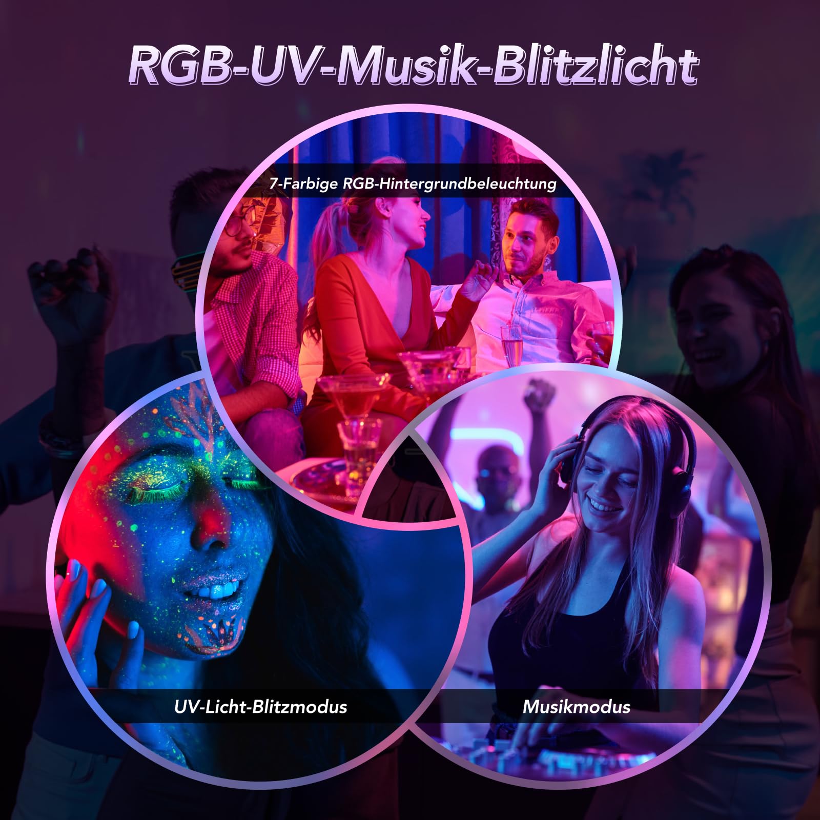 Tomshine Mini 3-in-1 UV Schwarzlicht Partylicht, Musikgesteuert Discolicht mit 72 Mustern & Rotierender RGB Magic Ball, Stroboskop Disco Lichteffekt mit Fernbedienung für Party, Bar, DJ