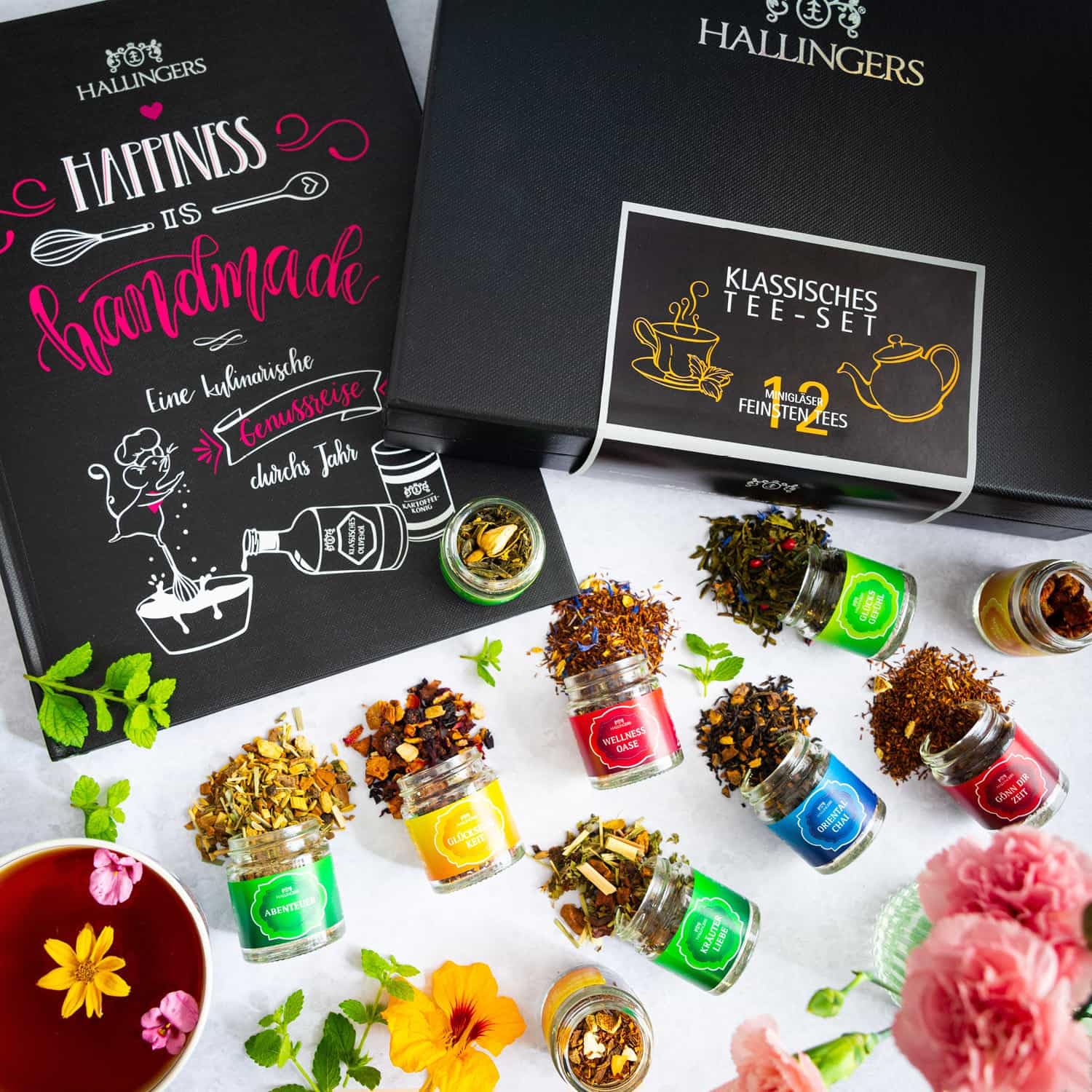 Hallingers Genuss Manufaktur Tee Geschenk-Set - 12 Sorten premium loser Tee Probierset in edler Geschenkbox mit Rezept-Booklet "Klassisches Tee...", Geschenkidee für Frauen Männer