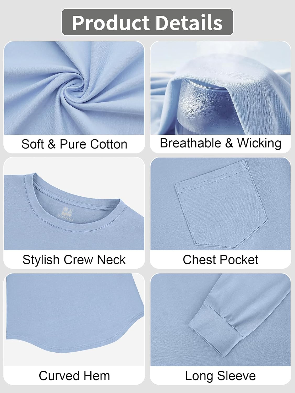 3 Pack Men's Long Sleeve Pure Cotton T-Shirt Crewneck Pocket Tee Longline Casual Lightweight Fall Basic Shirts