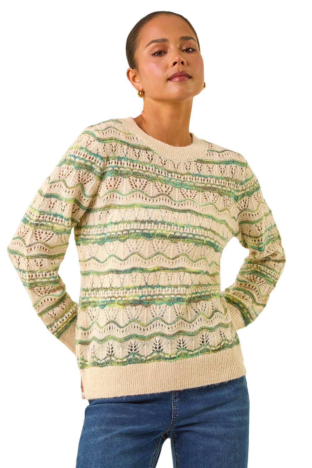 Roman Women's Green Petite Melange Stripe Knit Jumper In | Size: 18