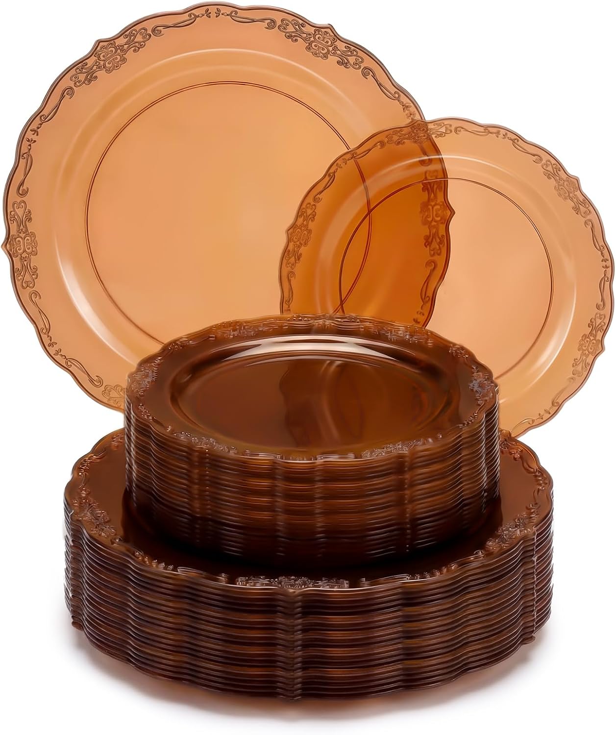 FillTouch 100 Pcs Amber Plastic Plates for Wedding Brown Plastic Plates Heavy Duty Disposable for Party Including 50pcs 10'' Dinner and 50pcs 7.5'' Dessert Plate for 50 Guests Birthday Wedding Banquet