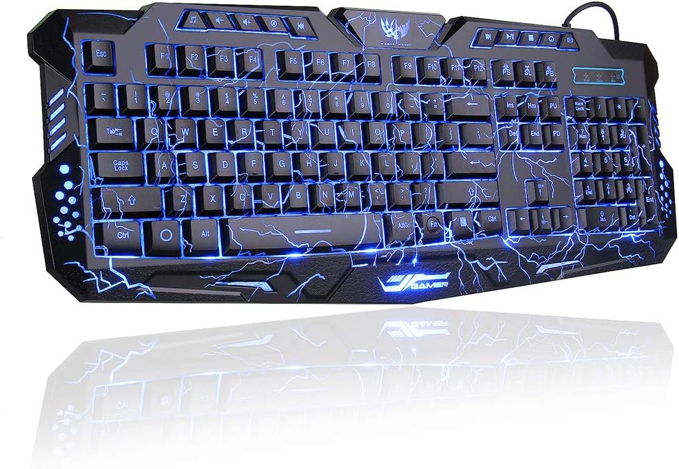 BlueFinger LED Gaming Keyboard,Mechanical Feeling USB Wired Computer Keyboard,114 Keys Letters Glow,3 Color Blue/Red/Purple Led Backlit Keyboard for Laptop PC Computer Game Work