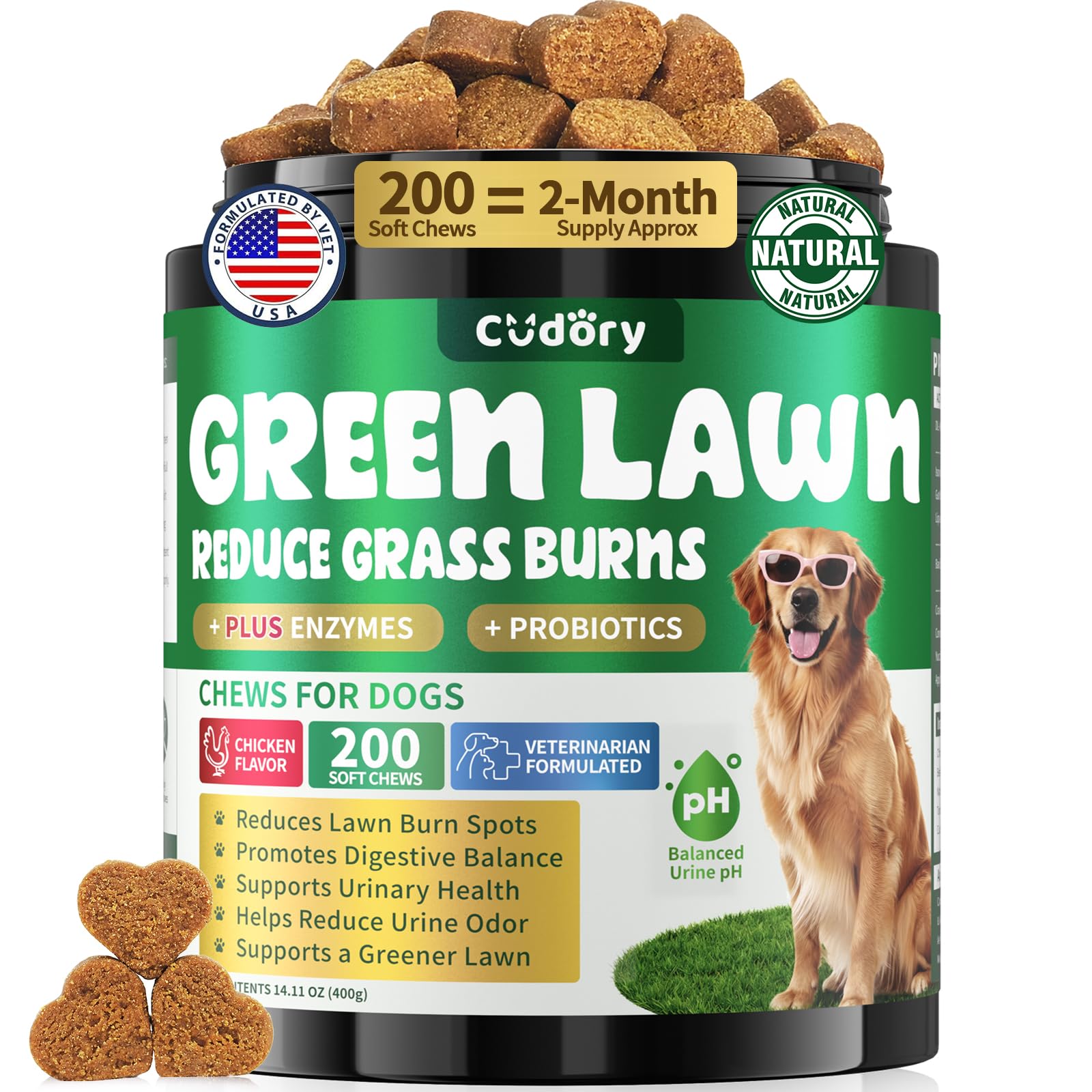 Cudory Dog Urine Neutralizer for Lawn - Green Grass Chews for Dogs, 200 Count