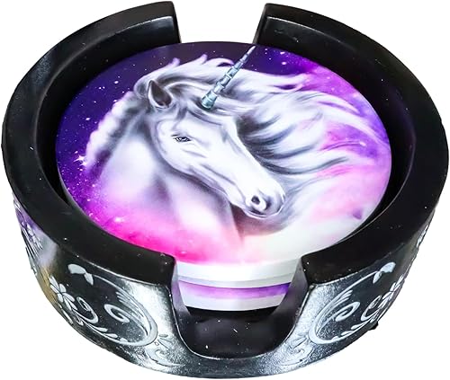 Ebros Gift Romántico juego de posavasos de unicornio sagrado índigo con 4 posavasos de cerámica y diseño floral redondo con diseño de desplazamiento