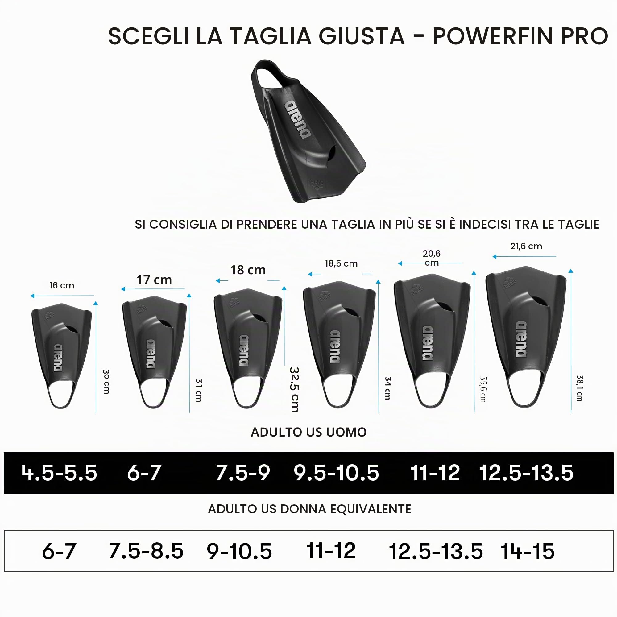 Arena Powerfin PRO II, Pinne Unisex per Adulti, in Silicone, a Lama Corta, Piede Destro/Sinistro Personalizzabile, Misure: 40 - 41