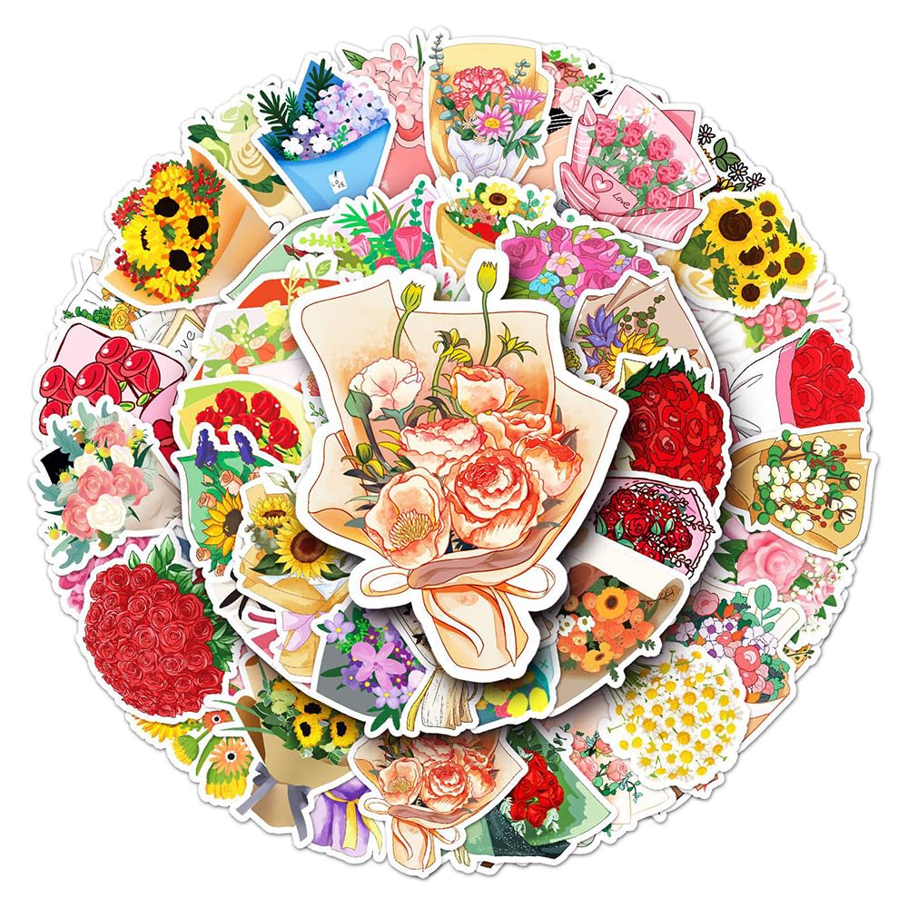 Romantic Flower Bouquet Vinyl Stickers, 50 PCS Cute Rose & Sunflower Bouquet Decals for Journals Scrapbooking, Laptops