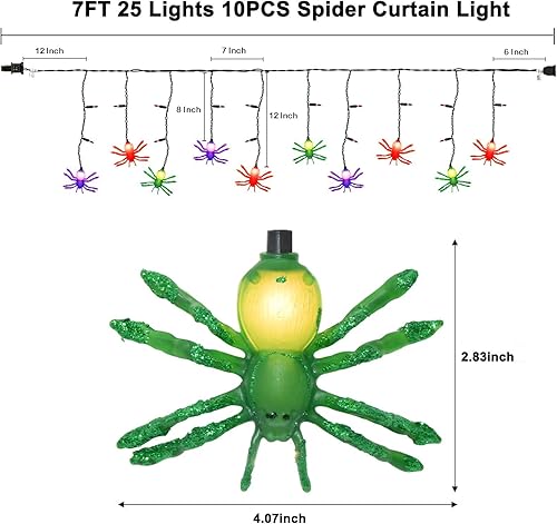 Miniatura 3 de Jasneniebo Luces decorativas de Halloween, 25 bombillas enchufables de 7 pies, tira de luces de Halloween con 10 arañas conectables, cortina de