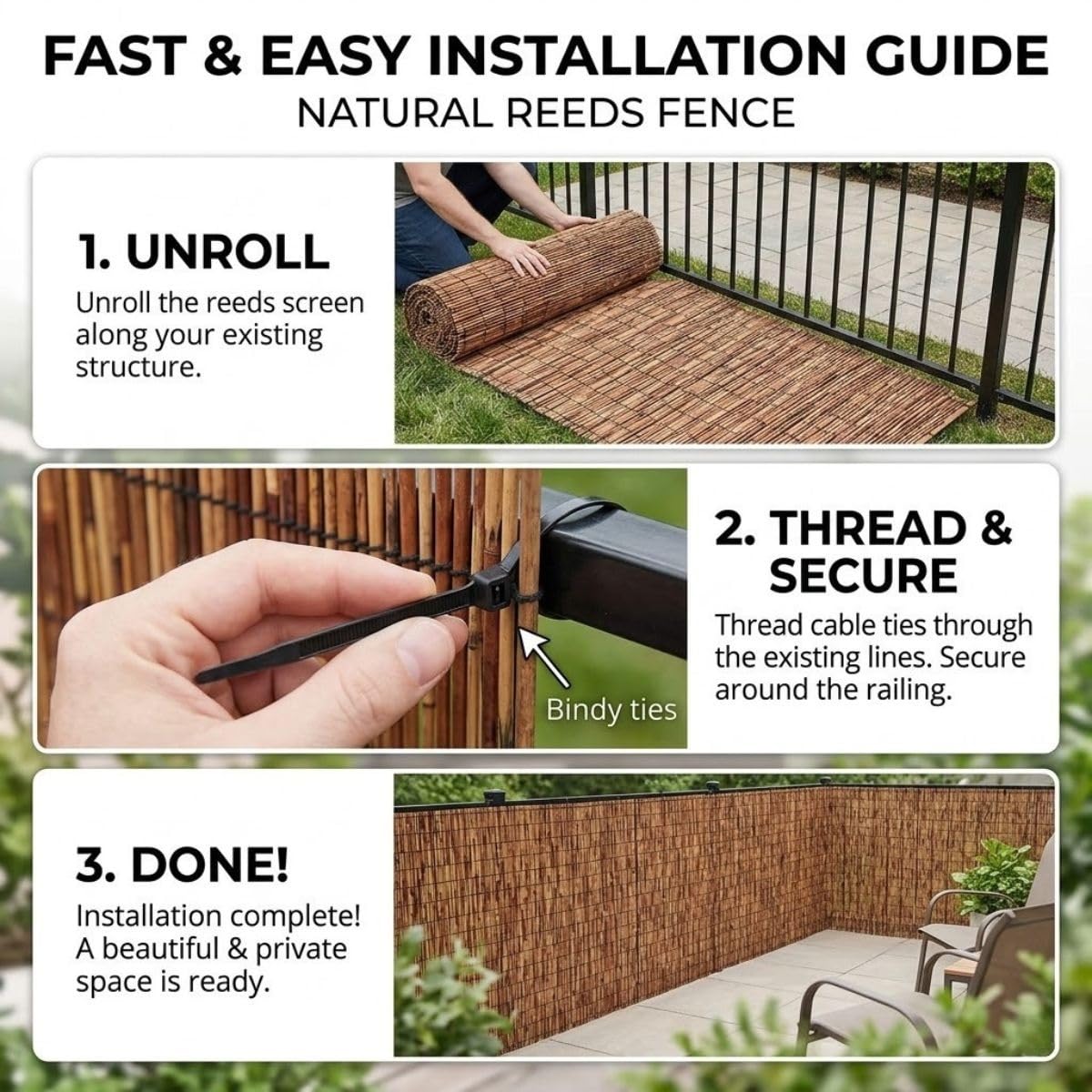 Stuoia in Canna Naturale per Privacy da Esterno 100/120/130/150/180 cm Arella in Bambù con Fascette Rotoli Recinzione Ombreggiante per Balcone Terrazza Piscina Giardino Gazebo Patio(H60xL300cm)