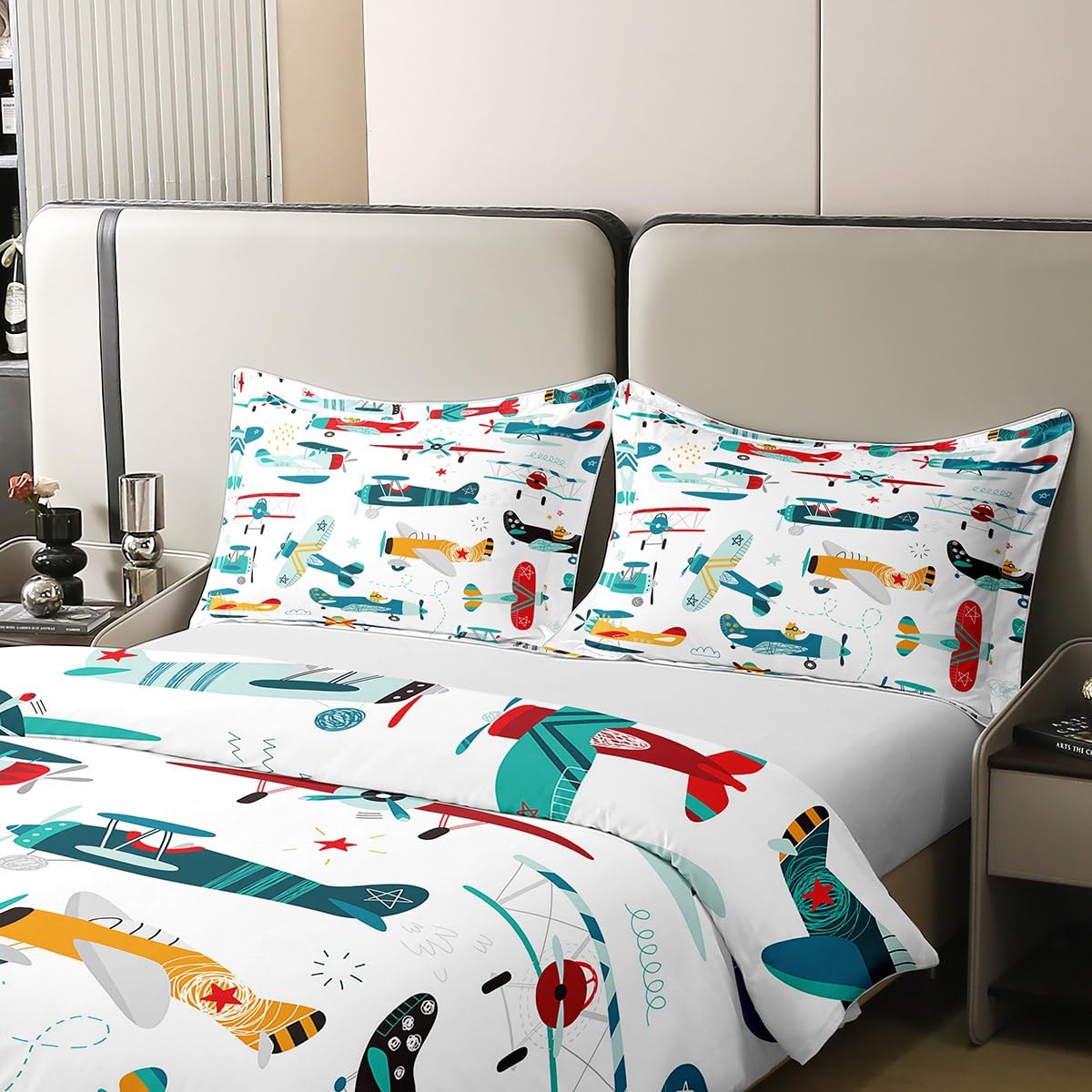 Homemissing Avion 100% Coton Housse de Couette Enfants Jeunes Enfants Dessin animé Avion Parure de lit 100% Coton Mignon garçon Fille Housse de Couette avec 1 taie d'oreiller 140x200cm Zip