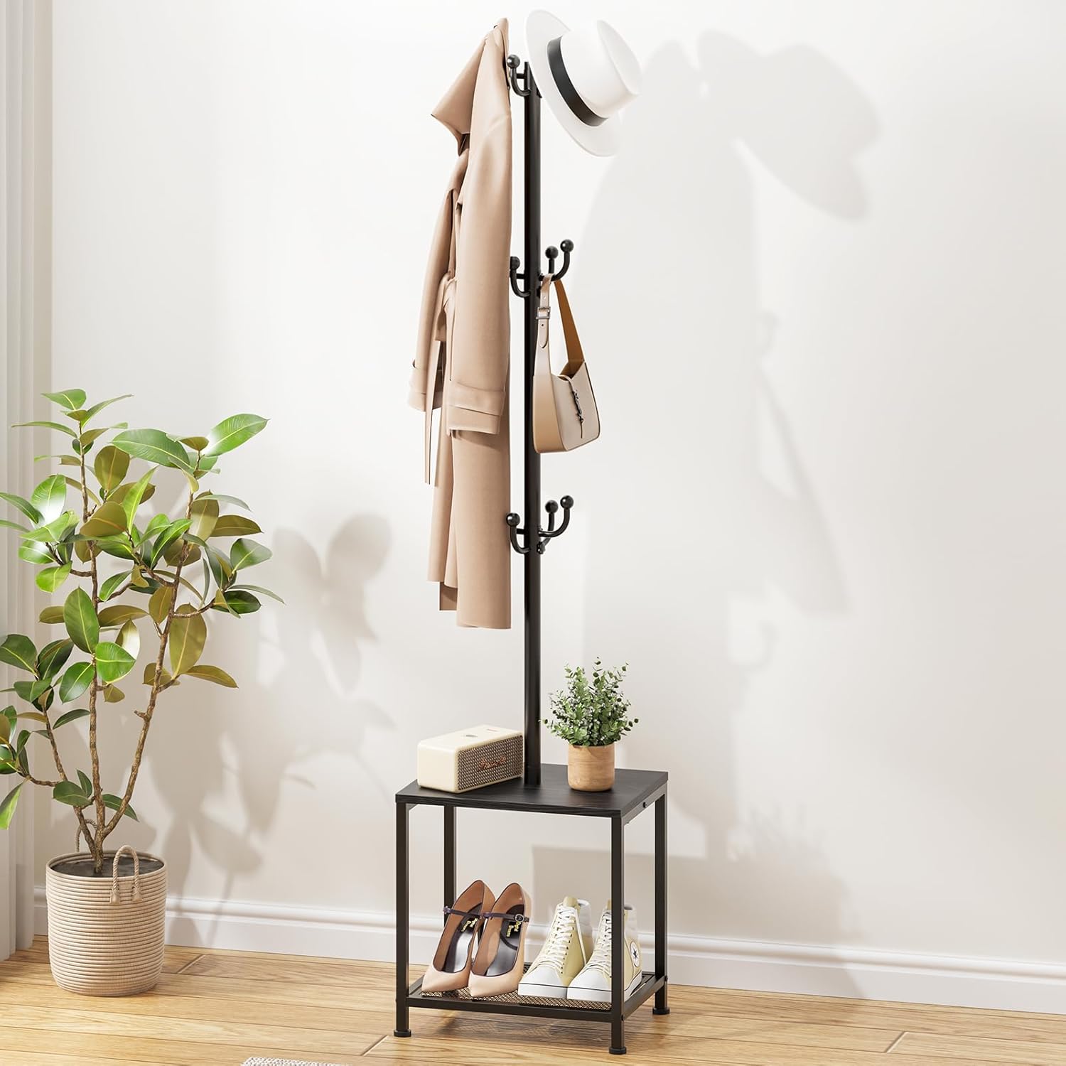 Hall Tree with Bench and Shoe Storage, Coat Rack Freestanding Coat Rack Shoe Bench, Corner Coat Hanger Stand Standing Hat Rack, Tree Stand Purse Rack Tree Black Coat Racks with Shelf