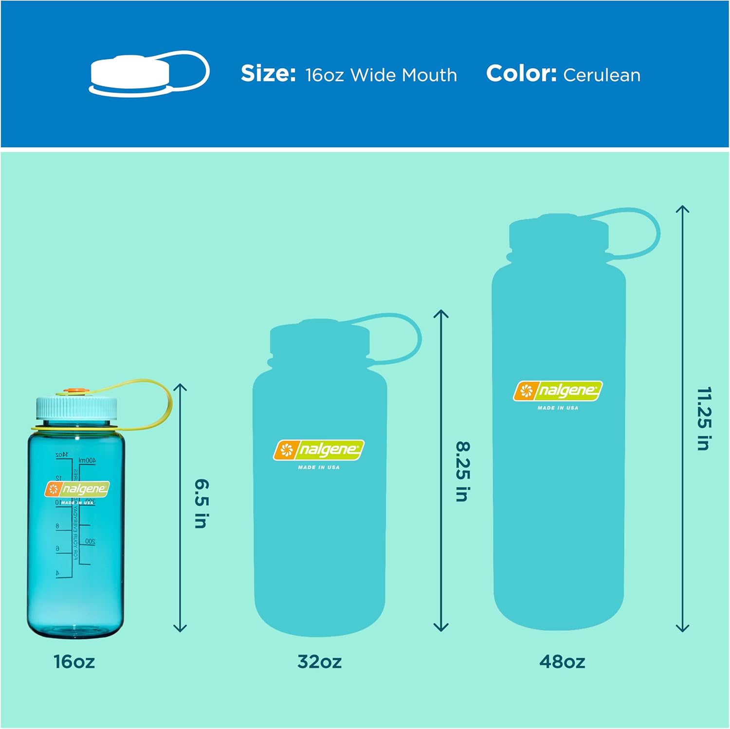 Nalgene 16 oz Wide Mouth Water Bottle | Slim Cup Holder Size, BPA-Free, Durable & Leak Proof, Lightweight Travel Bottle, Cerulean