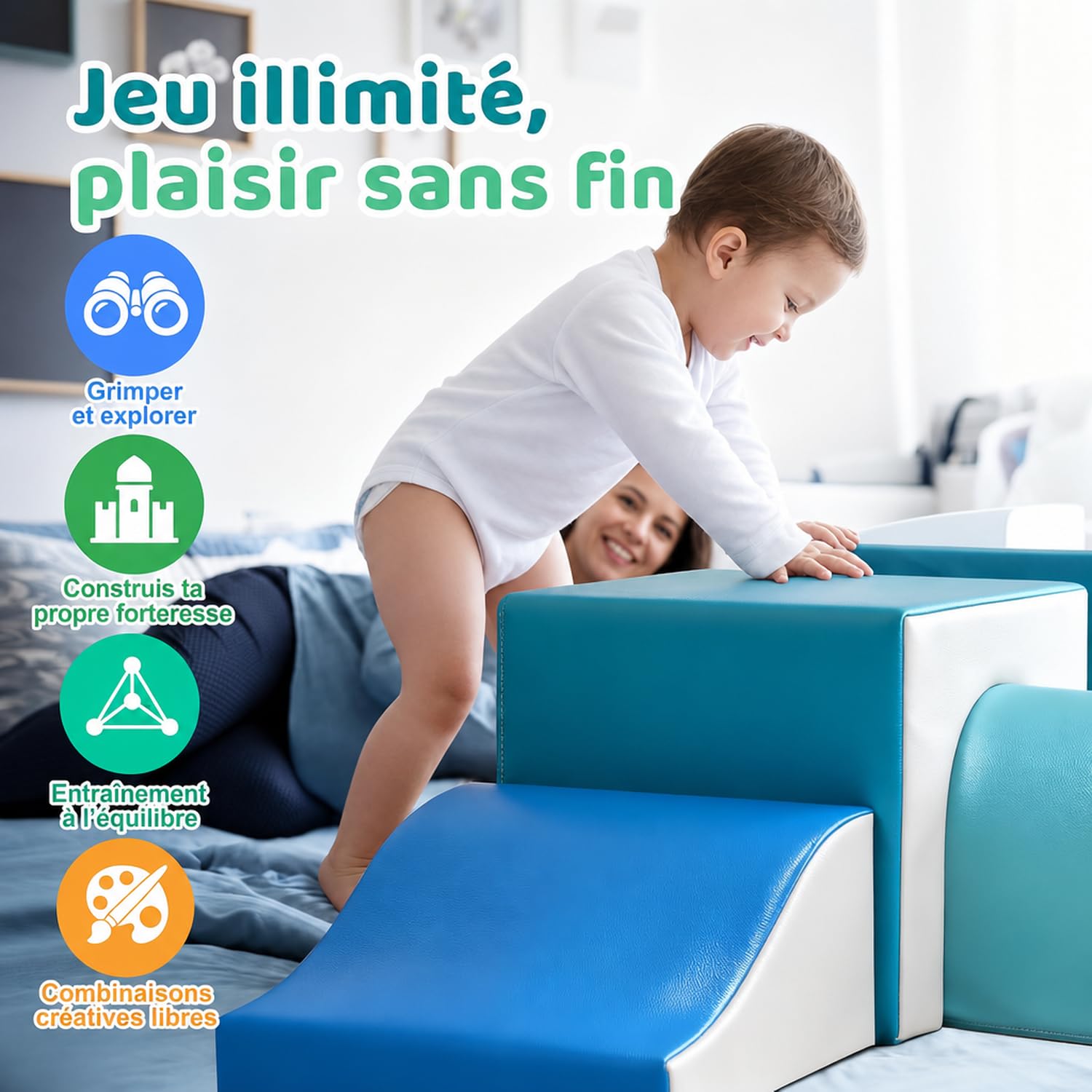 GeerWest Parcours Motricité Bébé 4 Pièces: Module Motricité Enfant Cuir PU Blocs Mousse Éducatifs - Jouets Descalade Bébé Structure d'escalade Antidérapante Ensemble Arche Elliptique(Moderne)
