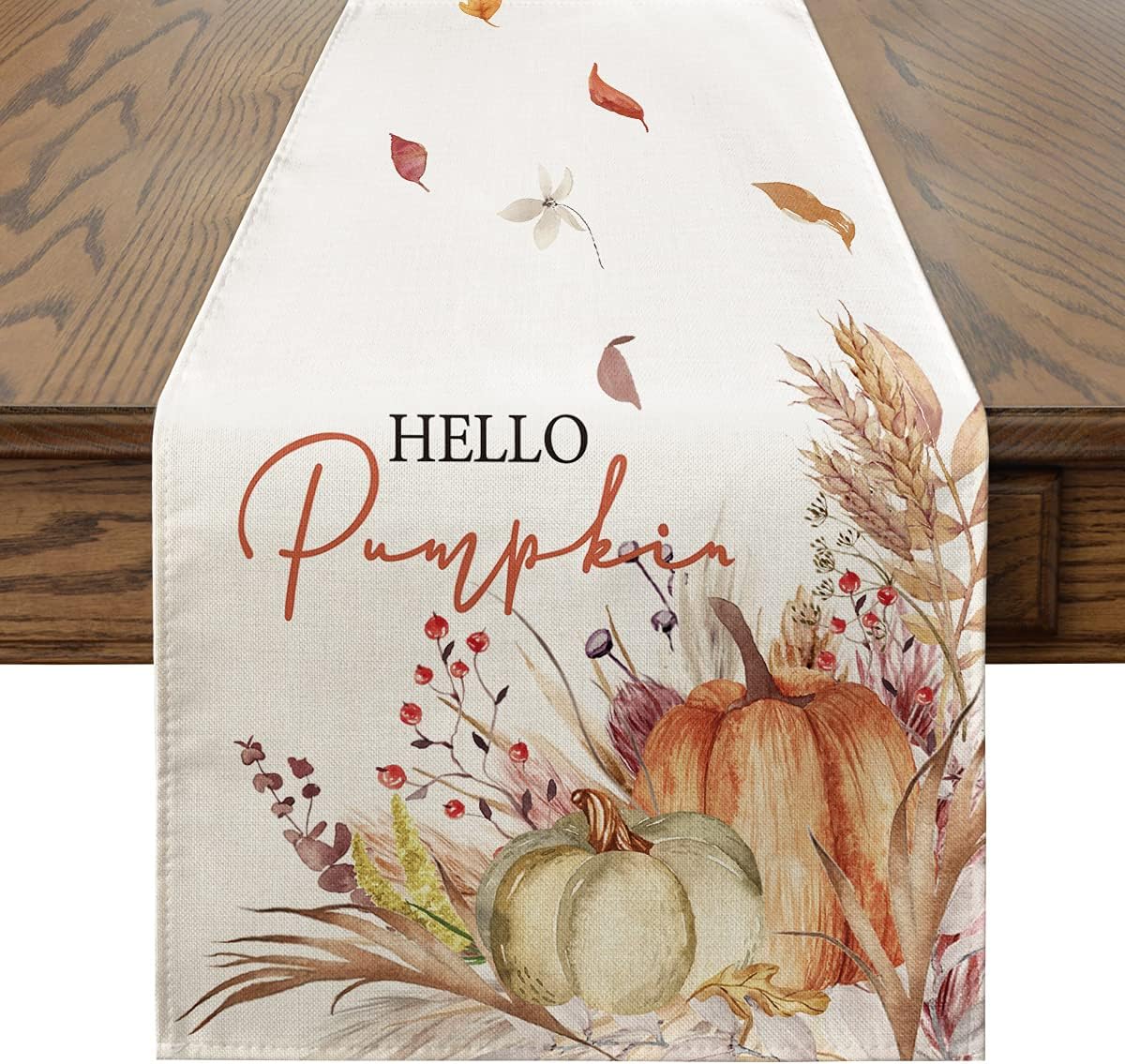 Artoid Mode Hello Pumpkin Flowers Leaves Table Runner, Seasonal Fall Harvest Vintage Thankgiving Kitchen Dining Table Decoration for Indoor Outdoor Home Party Decor 13 x 72 Inch