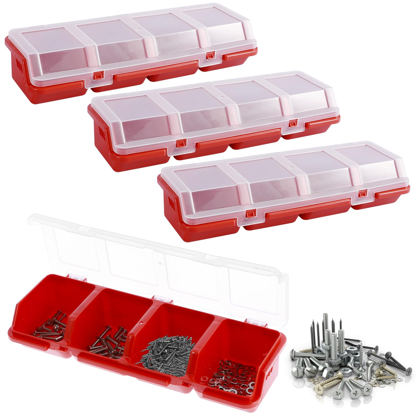 NIHUIFDPY 4Pcs Parts Organizer Box Plastic Screw Organizer Box with 4 Compartment, Stackable Small Tool Part Container Bin with Lid & Lock, Divided Hardware Organizer Bin for Garage Workshop(red)