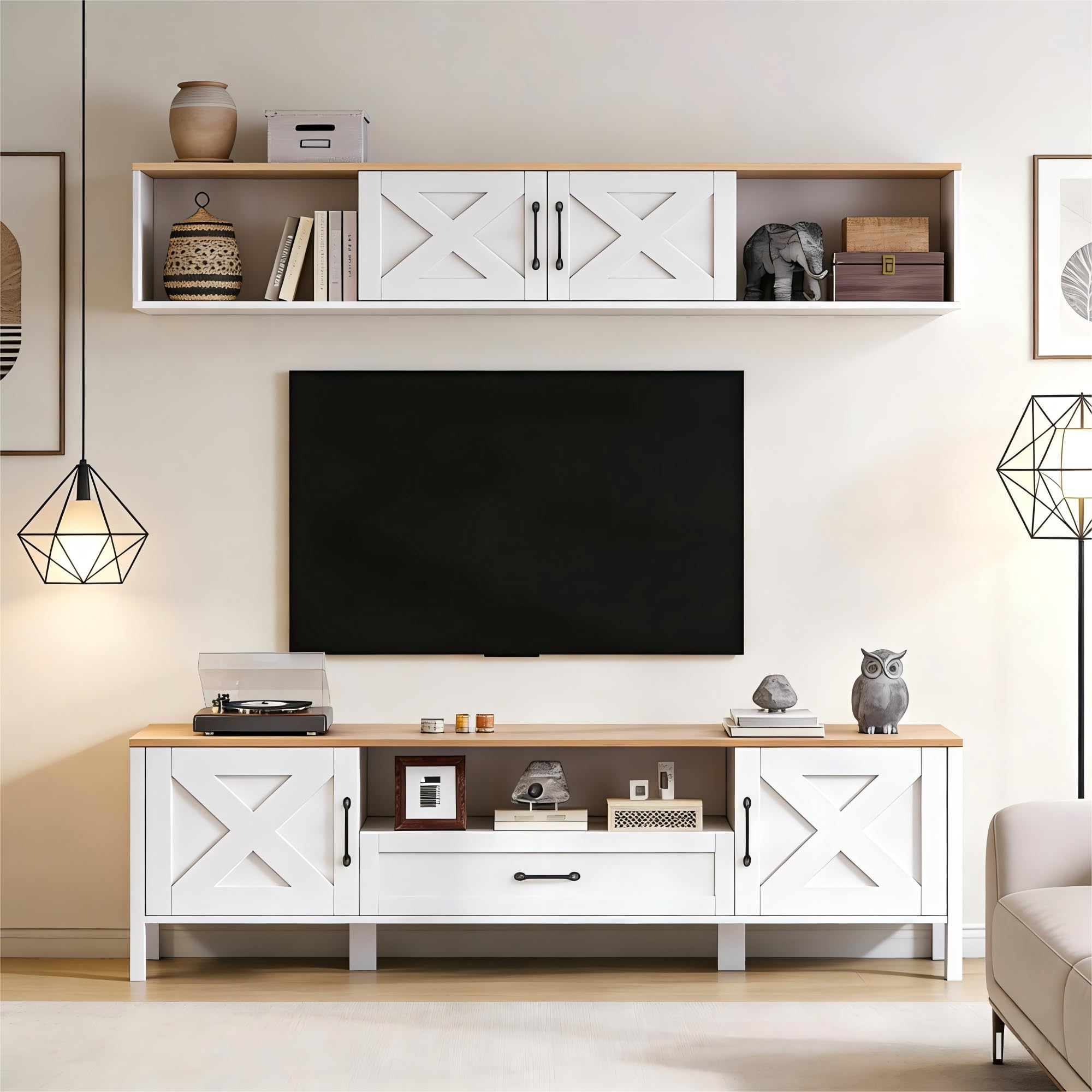 Set da parete per TV da 180 x 40 x 50 cm (set completo, 2 pezzi), supporto per TV + vetrina sospesa, set da parete multimediale, con 4 armadi e 1 cassetto, set per TV fino a 80", bianco