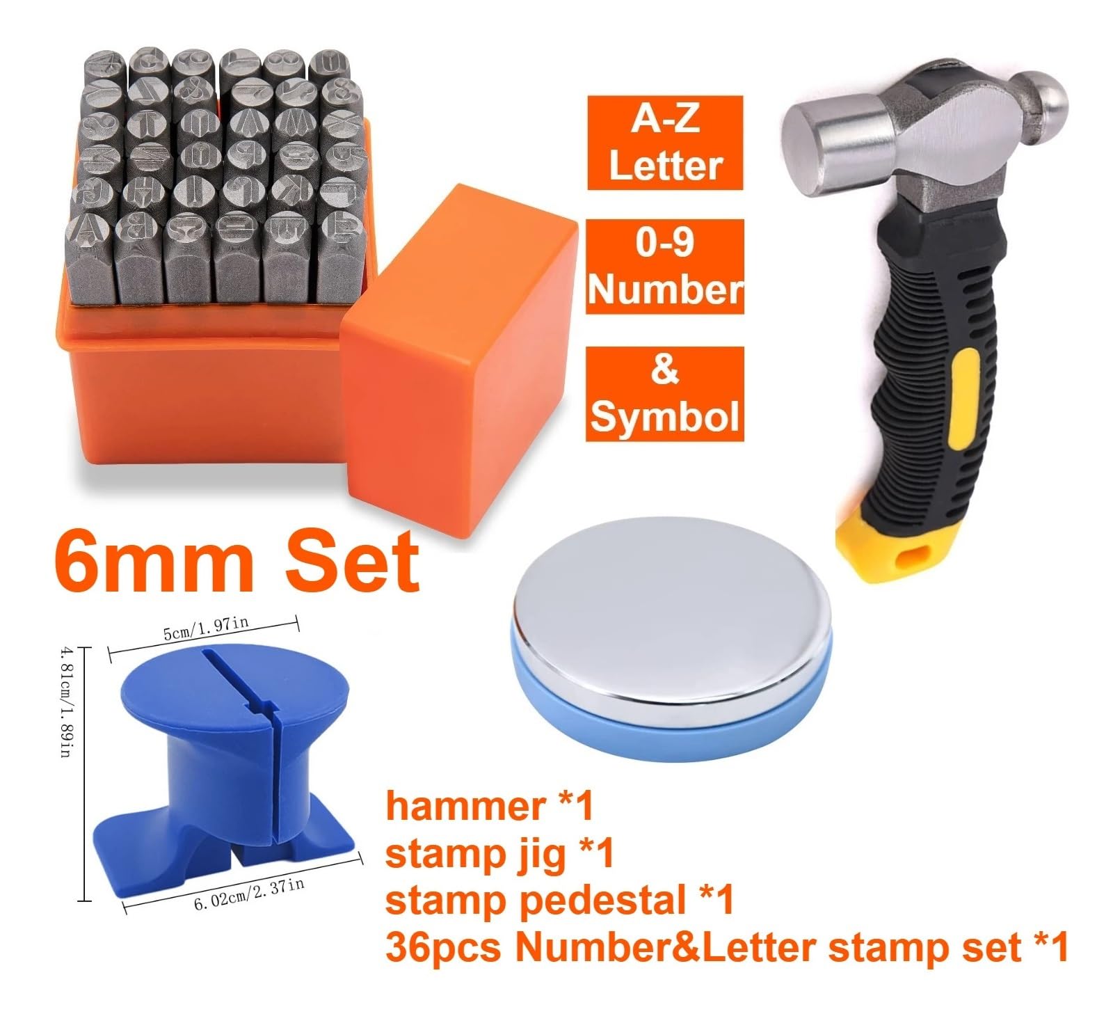 Juego de sellos con letras y números, Kit de estampado metal, 39 piezas, letra mayúscula, número, perforadora, martillo, bloque acero, 6/8/10 mm(6mm Set)
