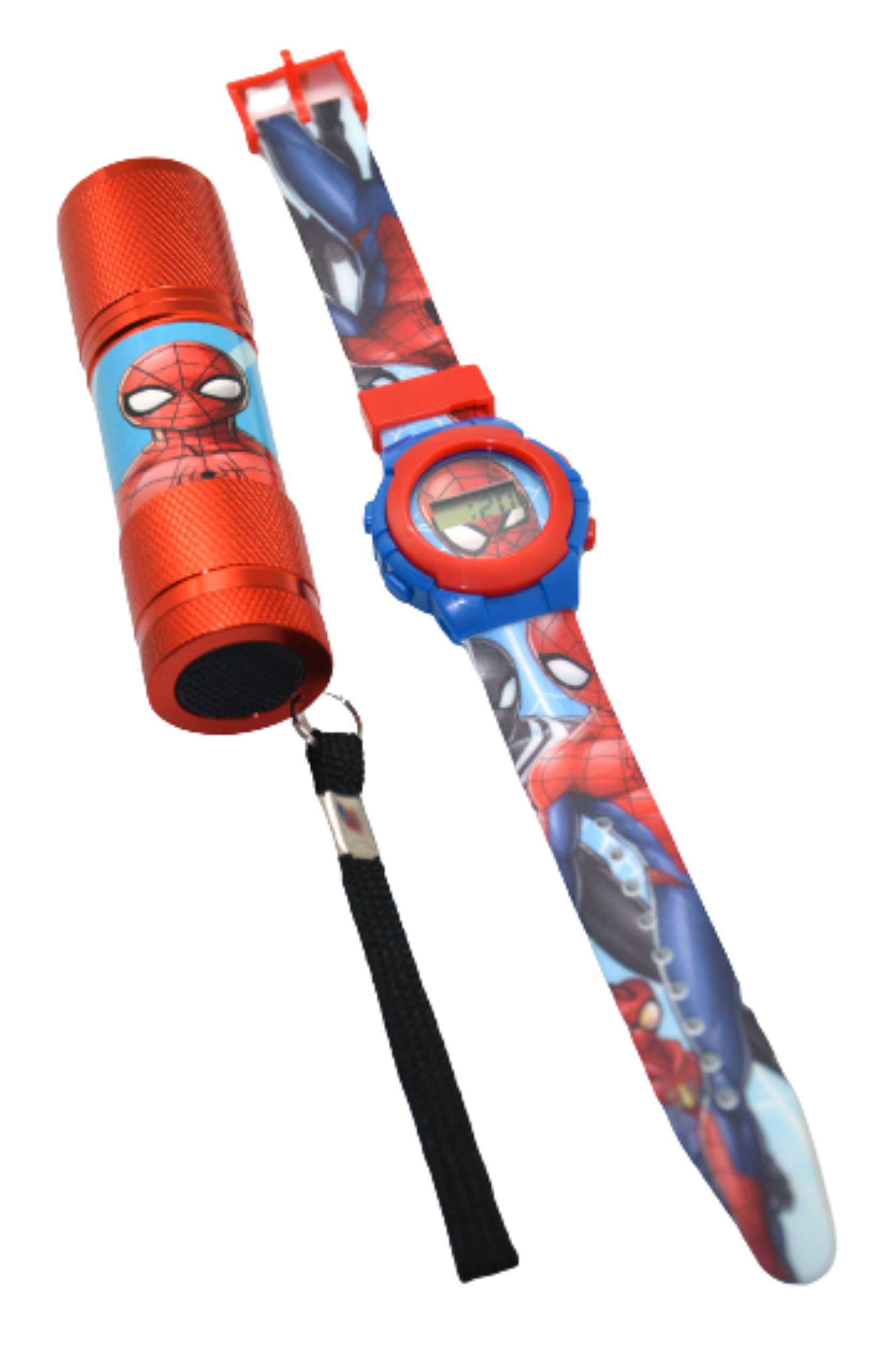 Kids LicencingDigital Watch and Aluminium Flashlight Set Made of Plastic and Aluminium with Printed Kids Character Marvel Spiderman Multicolour Usable for Unisex Kids 3+Year
