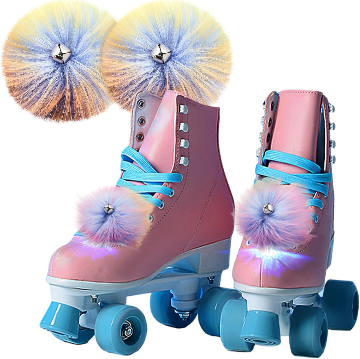 Gejoy 4 Pieces Large Roller Skates Pom Poms Fluffy Tieon