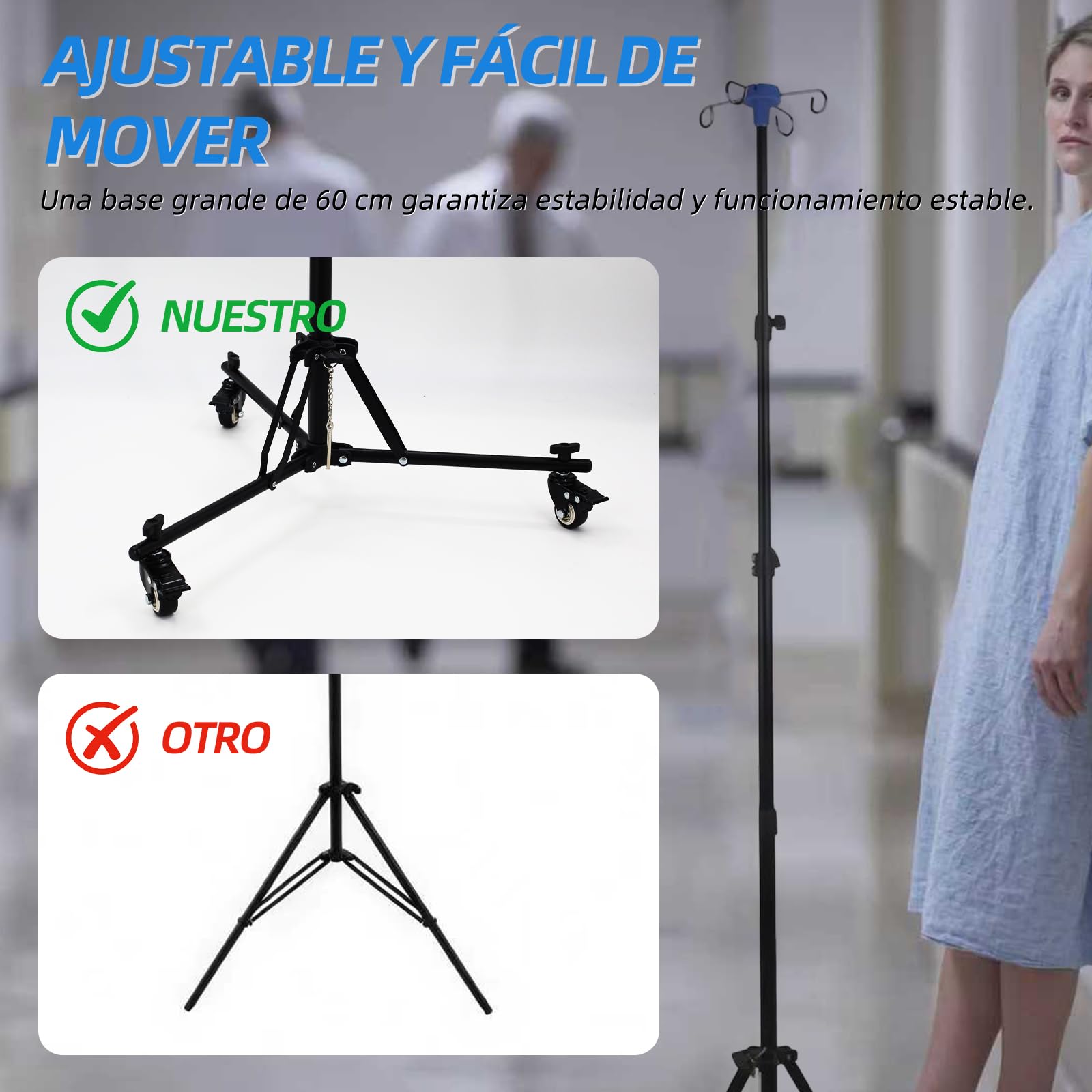 Soporte de suero, móvil con ruedas, 4 ganchos, adecuado para hospital y hogar, acero inoxidable, altura ajustable