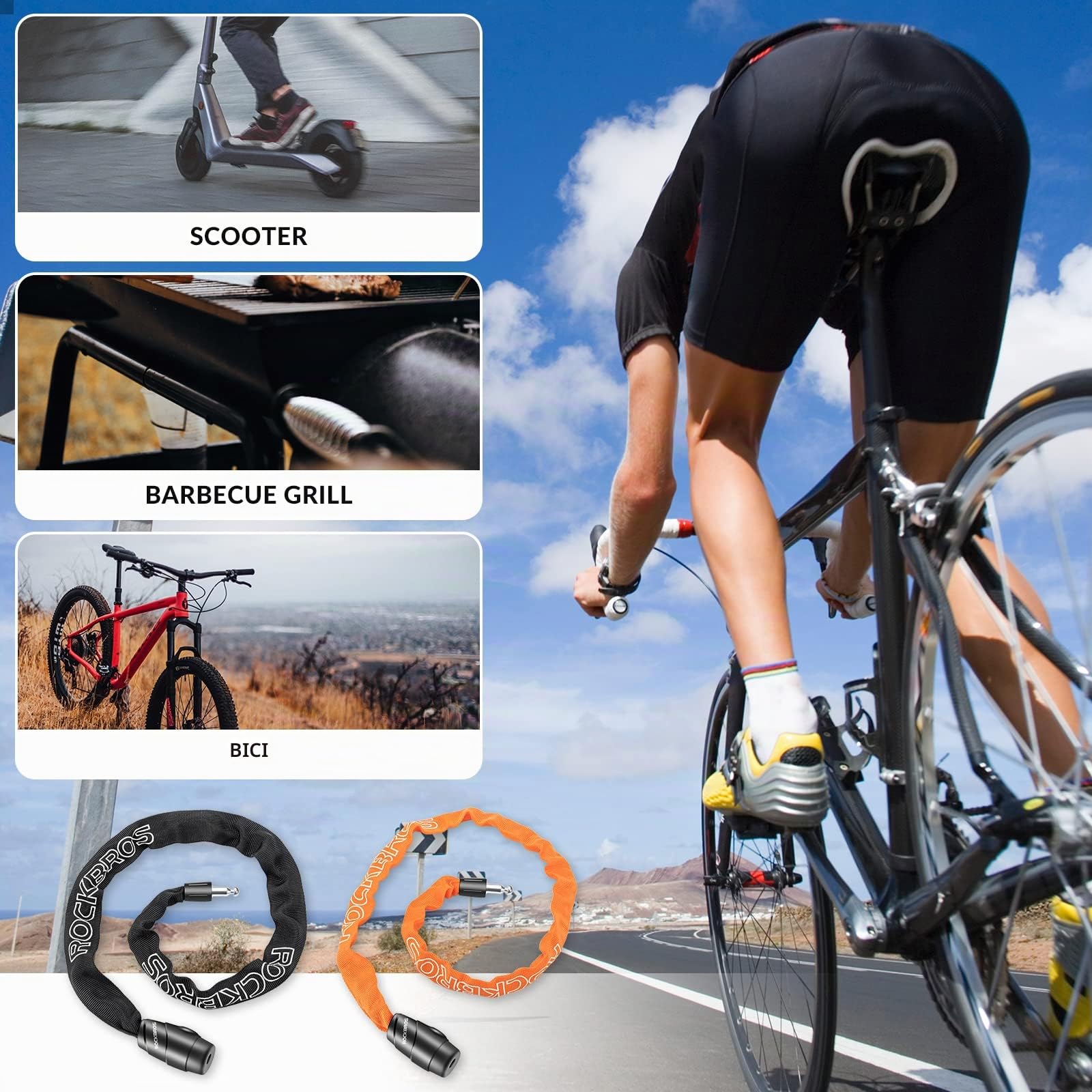 ROCKBROS Lucchetto Bici con Chiavi, Catena Antifurto in Acciaio 95cm/15.61mm, con 2 Chiavi, per Bicicletta E-bike Moto Scooter Monopattino Elettrico
