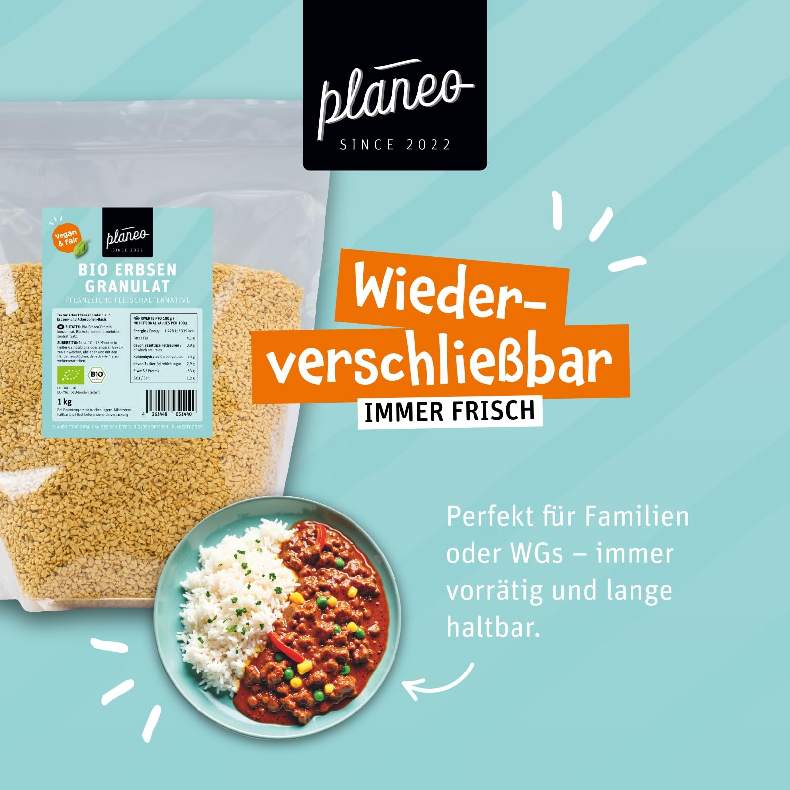 Planeo BIO Erbsen Granulat 2 x 1kg – Proteinreicher Hackfleischersatz mit über 50% Eiweiss, ideal für vegane Bolognese & Burger, aus Bio-Erbsen- und Ackerbohnenprotein