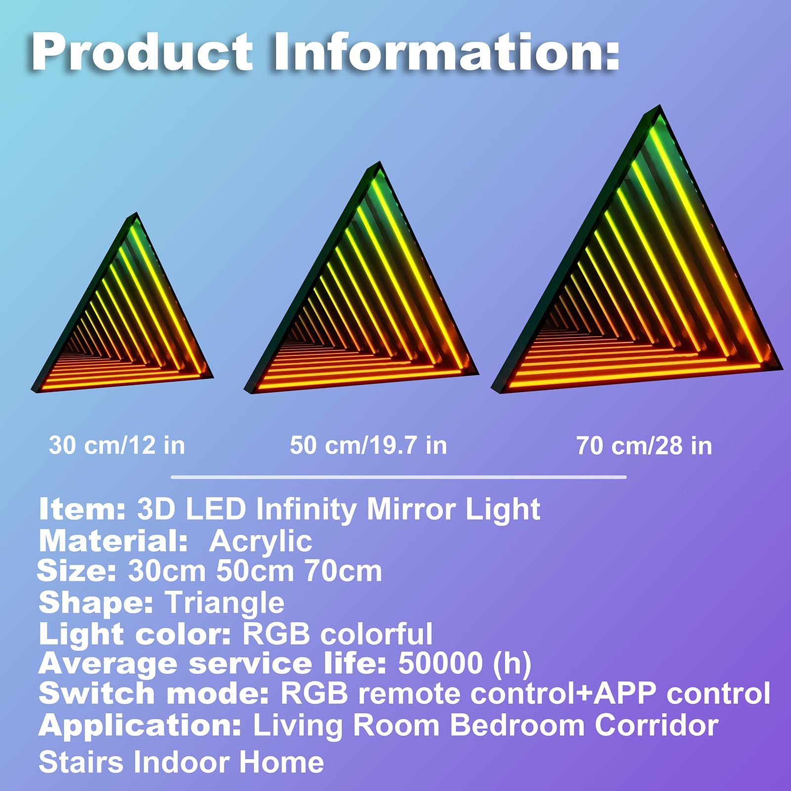 3D-Infinity-Spiegelleuchte, 30,5 cm, dreieckig, LED-Tunnel-Wandleuchte mit 358 LEDs, App und Fernbedienung, RGB-Farbwechsel, Spiegel für Spielzimmer, Party, Bar, geometrische
