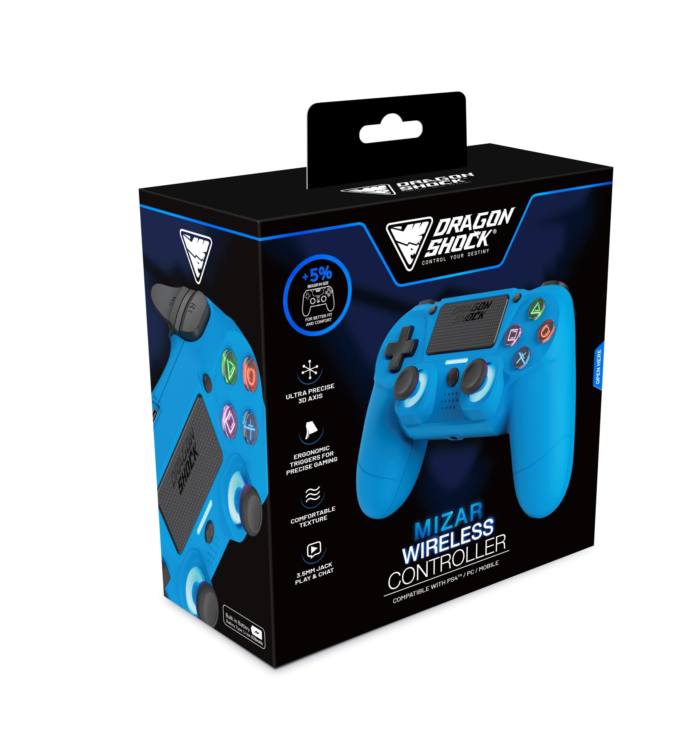 DragonShock Mizar Manette Sans Fil pour PS4 – Contrôleur Bluetooth Compatible PC & PS3 – Double Vibration, Batterie Rechargeable – Bleu