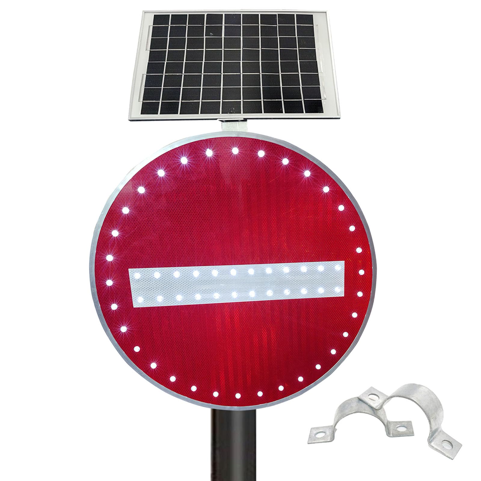 Señal de "Prohibido el paso" LED intermitente alimentada por energía solar, 60 cm/76 cm señales de carretera redondas de aluminio, señal de "Prohibido el paso" de alta visibilidad (Rojo, 60cm)