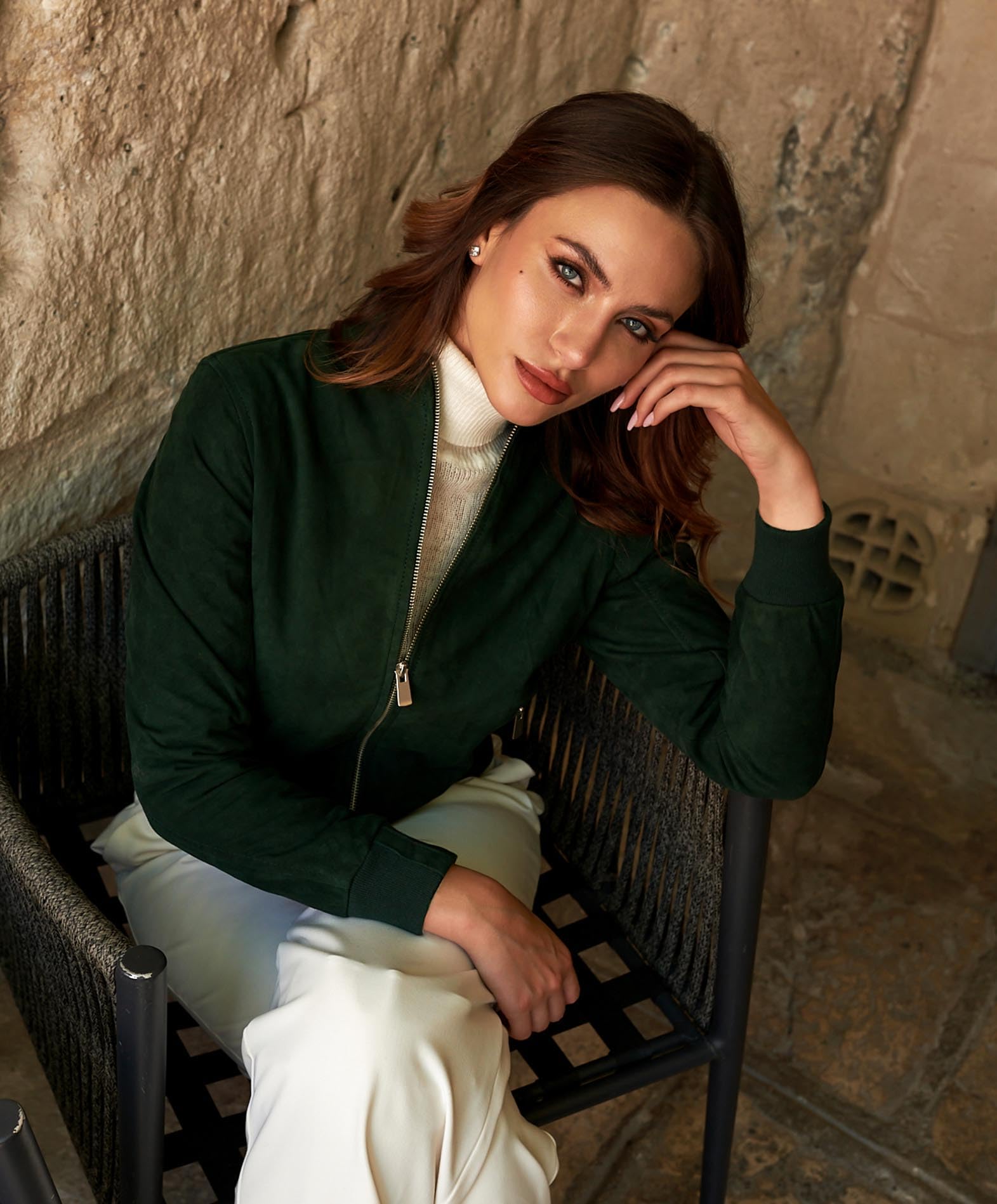 D'Arienzo Bomber Pelle Scamosciata Verde Donna Elastico a Tono Camoscio Vera Pelle G154