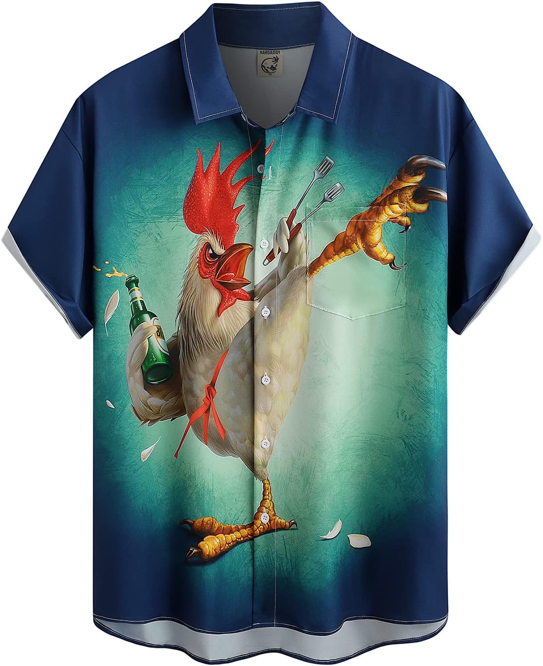 Hardaddy Men's Gongfu Rooster Chest Pocket Printed Short Sleeve Button Down Summer Casual Shirt