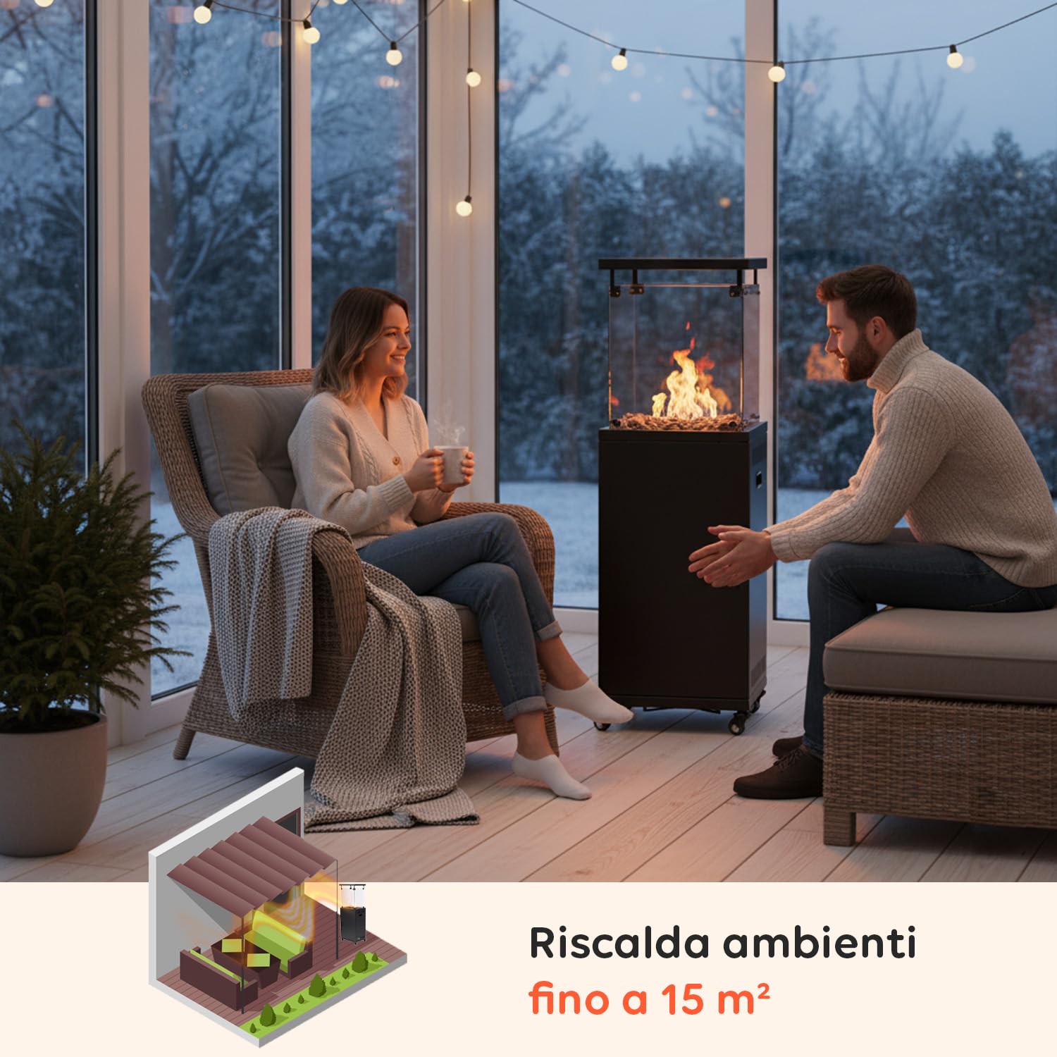 Wintem Caminetto a Gas da Esterno Nero 12 kW 15 m² Accensione Piezoelettrica Roccia Lavica Ruote