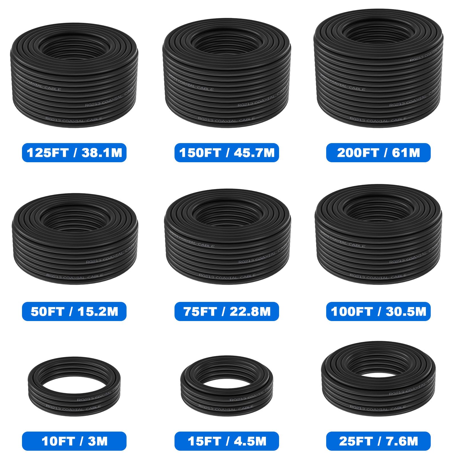 Câble coaxial RG213 en vrac – 7,6 m, 50 Ohm à faible perte RG-213, conducteur central toronné en cuivre nu et tresse, fil de qualité professionnelle pour radio jambon, CB, extension d'antenne