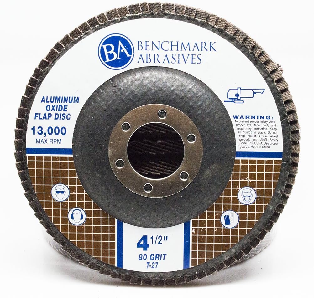 Benchmark Abrasives 4.5" x 7/8" Aluminum Oxide Flap Discs for Sanding, Grinding, Finishing, Stock Removal on Stainless Steel, Carbon Steel Alloys Metals (10 Pack) - 60 Grit