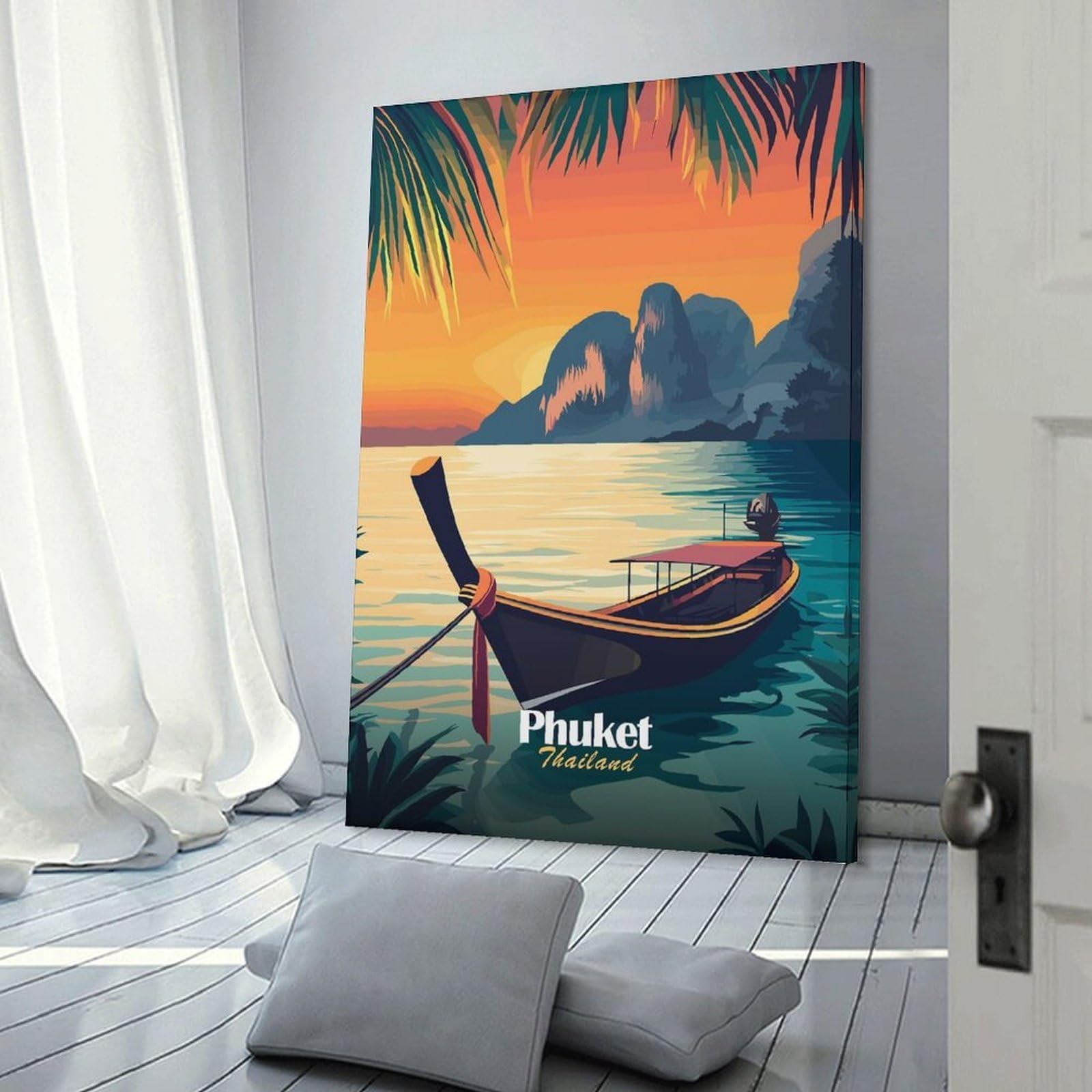 Junmoney Phuket Sunset Boat Home Decor Wall Art, 20x30inch(50x75cm), for Bedroom, Lounge Or Dressing Area, Canvas Wall Decor for Personal Spaces