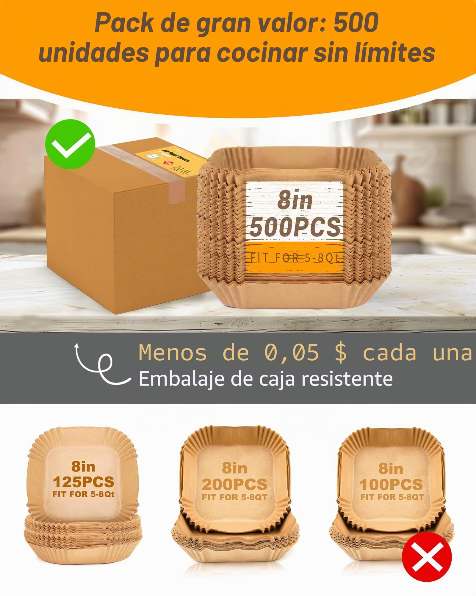 Papel Freidora Aire,500 unidades,Diámetro Interior 20 cm, libre de BPA, para 5 a 8 litros (Cuadrado, Desechable)